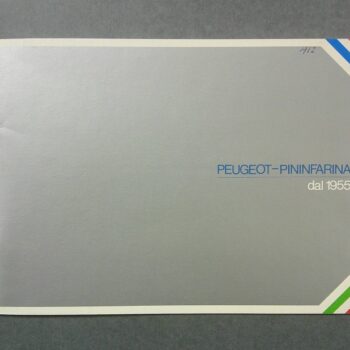 Silver booklet cover with blue 'PEUGEOT-PININFARINA' and 'dal 1955' text, corner stripes in red, blue, and green.
