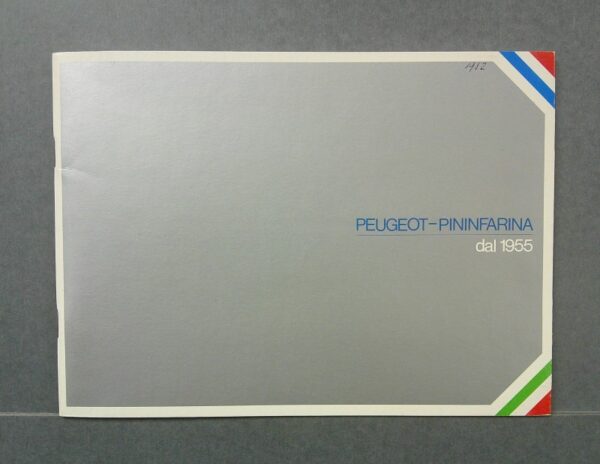 Peug1 Custom | Merrick Auto Museum Silver booklet cover with blue 'PEUGEOT-PININFARINA' and 'dal 1955' text, corner stripes in red, blue, and green.