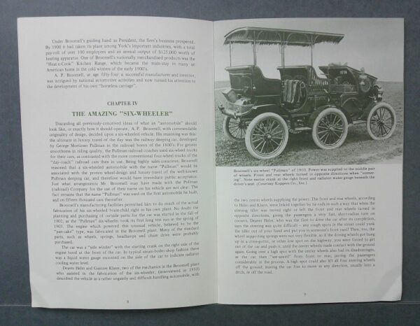 Pullman2 Custom 1 | Merrick Auto Museum Open book with two-page spread; left page contains chapter text, right page shows a vintage six-wheeled automobile photograph.