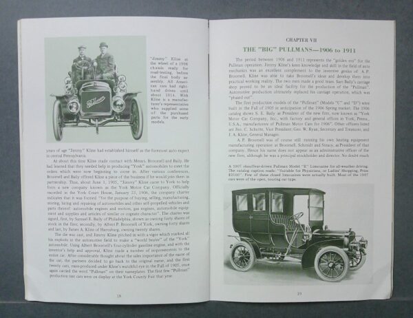 Pullman3 Custom | Merrick Auto Museum Two-page book spread about early Pullman cars: left page shows a vintage two‑man automobile photo, right page features a large enclosed Pullman car illustration with accompanying article text.