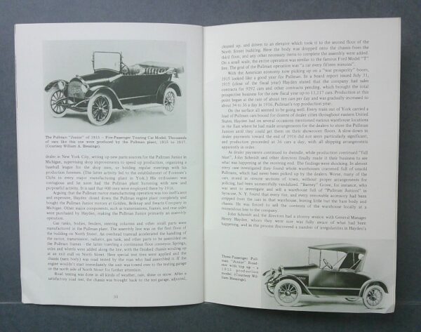 Pullman4 Custom | Merrick Auto Museum Two-page book spread: left page shows a black-and-white photo of a vintage open-top car; right page has text and a small vintage car illustration at bottom-right.