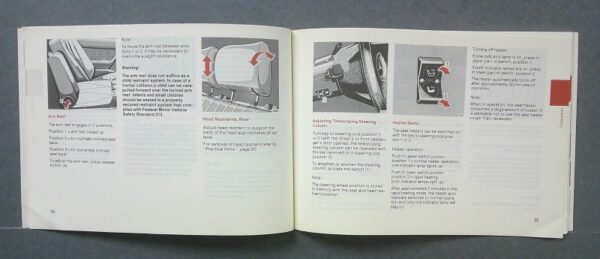 TE2 Custom | Merrick Auto Museum Open car maintenance manual spread showing diagrams and instructions for armrest, head restraints, steering column, and heated seats.