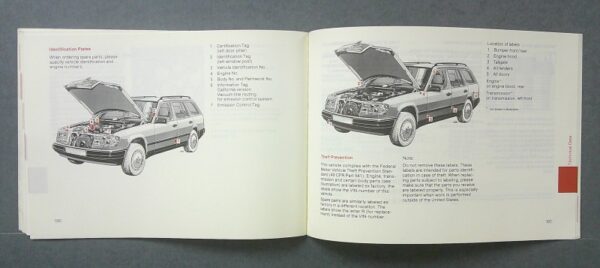 TE4 Custom | Merrick Auto Museum Open automobile maintenance manual spread showing two cars with hoods up and labeled components in the engine bay.
