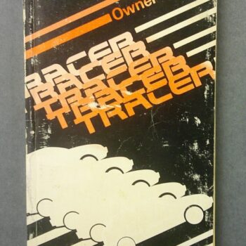 Tracer1 Custom | Merrick Auto Museum 1988 Ford Owner Guide cover with bold orange and white diagonal stripes and abstract white car shapes on a black background.