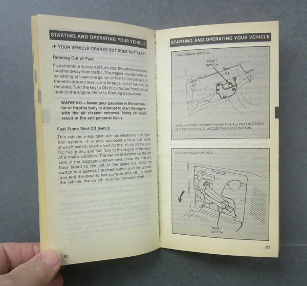 Tracer3 Custom | Merrick Auto Museum Open vehicle manual spread titled 'Starting and Operating Your Vehicle' with instructions and diagrams on fuel and starting procedures.