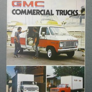 GMC Commercial Trucks brochure page: top image shows a red-and-white GMC van with two men beside it; bottom left a white box truck; bottom right a red pickup with a large box trailer labeled 'Sleep Shop'.