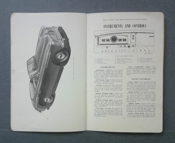 a404 Custom | Merrick Auto Museum Two-page spread of an automobile maintenance manual: left page shows a grayscale car illustration, right page shows an 'Instruments and Controls' diagram with labeled controls.