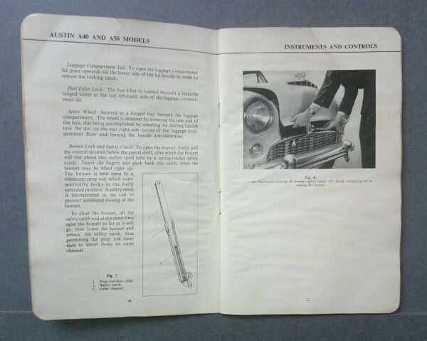 a502 Custom | Merrick Auto Museum Open Austin car manual spread: left page explains luggage compartment with a diagram; right page shows a person opening the car bonnet near the front grille.