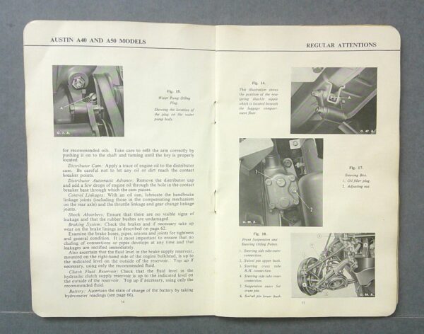 a503 Custom | Merrick Auto Museum Open Austin A40/A50 maintenance manual showing annotated photos of engine parts (water pump, oiling/distributor areas, steering box, and rear suspension) with captioned instructions.