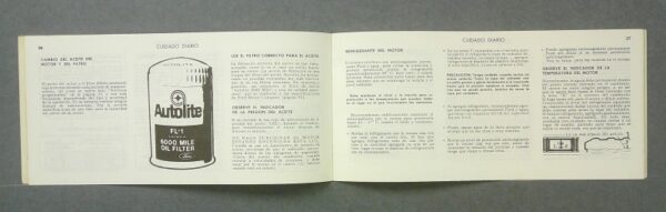 camion2 Custom | Merrick Auto Museum Open vintage multilingual manual spread showing a large illustration of an Autolite oil filter (FL-1) on the left page, with dense Spanish text describing usage and precautions on both pages.