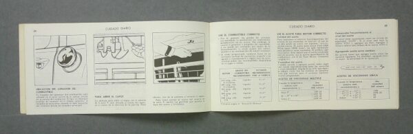 camion4 Custom | Merrick Auto Museum Two-page spread of a vintage Spanish car maintenance manual with comic-style diagrams on the left and text and tables on the right.