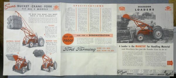dEARBORN3 Custom | Merrick Auto Museum Tri-fold Ford farming equipment advertisement showing an orange loader with bucket, crane, and forks on left, specifications in the center, and a Dearborn loader image on the right.