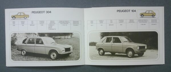 peug3 Custom | Merrick Auto Museum Open vintage brochure displaying Peugeot 304 and Peugeot 104 pages; left page shows a side-profile photo of a silver Peugeot 304, right page shows a Peugeot 104 with a similar sedan, with model specs and small car illustrations at the top.