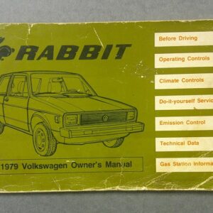 Green 1979 VW Rabbit owner's manual cover with a line drawing of a Rabbit hatchback and a right-side menu of sections.
