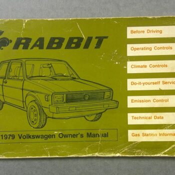 Green 1979 VW Rabbit owner's manual cover with a line drawing of a Rabbit hatchback and a right-side menu of sections.