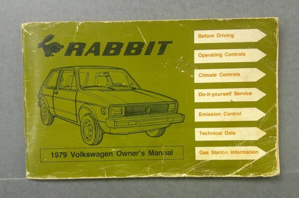 rabbit1 Custom | Merrick Auto Museum Green 1979 VW Rabbit owner's manual cover with a line drawing of a Rabbit hatchback and a right-side menu of sections.
