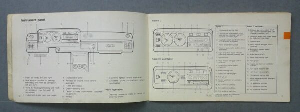 rabbit2 Custom | Merrick Auto Museum Open owner's manual page spread showing a labeled instrument-panel diagram on the left and three gauge/control diagrams with a legend on the right, for a vintage car interior.