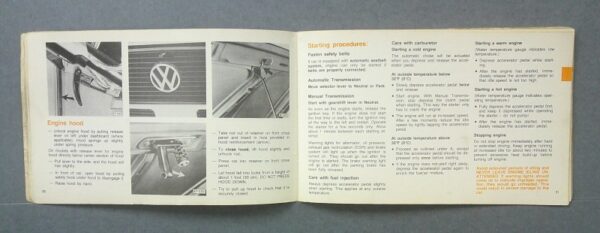 rabbit3 Custom | Merrick Auto Museum Open car maintenance manual showing engine hood instructions with photos of VW components and diagram captions.