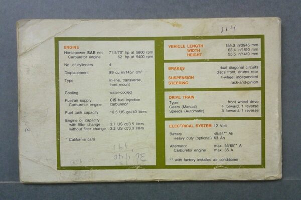 rabbit4 Custom | Merrick Auto Museum Back of a vintage car spec sheet with a green-bordered panel listing engine, drivetrain, electrical system and vehicle dimensions (handwritten notes nearby).
