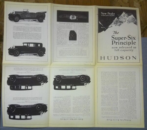 six3 | Merrick Auto Museum Six-panel vintage car brochure spread with black-and-white car illustrations and a Hudson 'Super-Six Principle' ad.