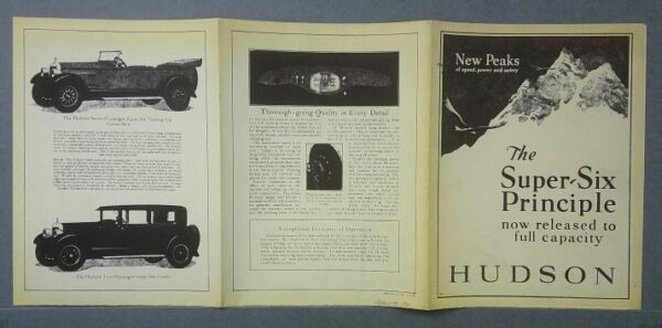six4 | Merrick Auto Museum Open vintage brochure spread with three panels: left panel shows two classic cars in black, middle panel features text blocks and a small image, right panel displays an advertisement titled "The Super-Six Principle" with a snow-capped mountain and the Hudson name.