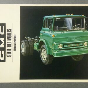 Vintage GMC truck brochure showing a green cab and chassis on a black background with 'GMC' branding and model labels on the side.