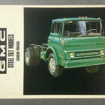 Vintage GMC truck brochure showing a green cab and chassis on a black background with 'GMC' branding and model labels on the side.