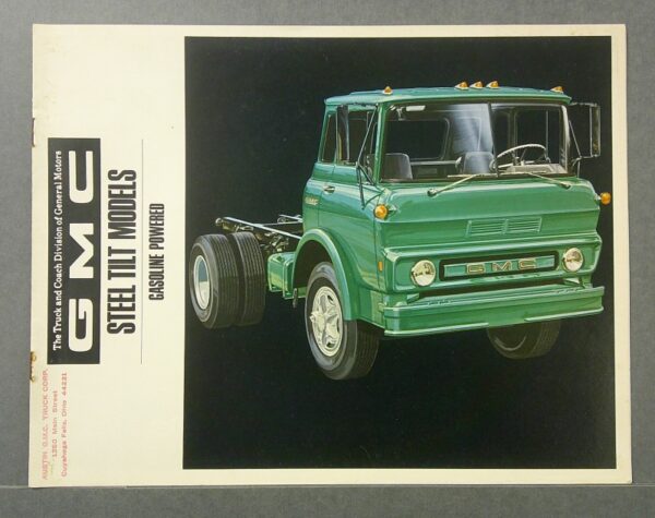 steeltilt1 Custom | Merrick Auto Museum Vintage GMC truck brochure showing a green cab and chassis on a black background with 'GMC' branding and model labels on the side.