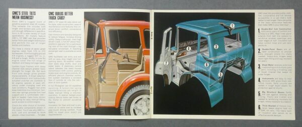 steeltilt2 Custom | Merrick Auto Museum Two-page GMC truck brochure: orange cab with beige interior on the left; blue cutaway diagram of a truck showing components on the right.