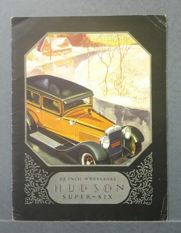 supersix1 Custom | Merrick Auto Museum Vintage brochure cover showing an orange 1930s Hudson Super-Six car in a snowy landscape, framed by an octagonal window with decorative border and 'HUDSON SUPER-SIX' label.