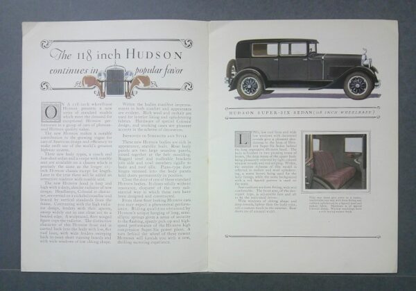 supersix2 Custom | Merrick Auto Museum Two-page Hudson brochure: left page with ornate header and article, right page shows a black 1930s Hudson Super-Six sedan with a small interior photo beneath text.
