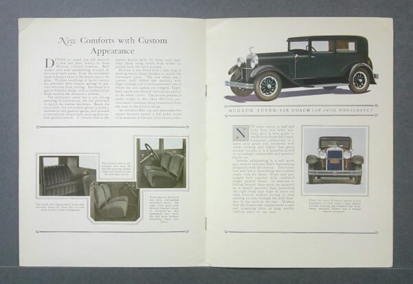 supersix3 Custom | Merrick Auto Museum Open vintage car brochure: large image of a dark green Hudson Super-Six Coach on the right; left pages show interior photos and article about custom appearance.