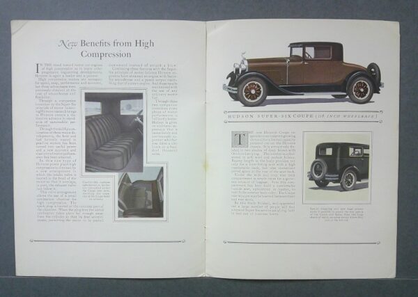 supersix4 Custom | Merrick Auto Museum Open magazine spread about high compression engines, with interior photos on the left and a brown vintage coupe on the right.