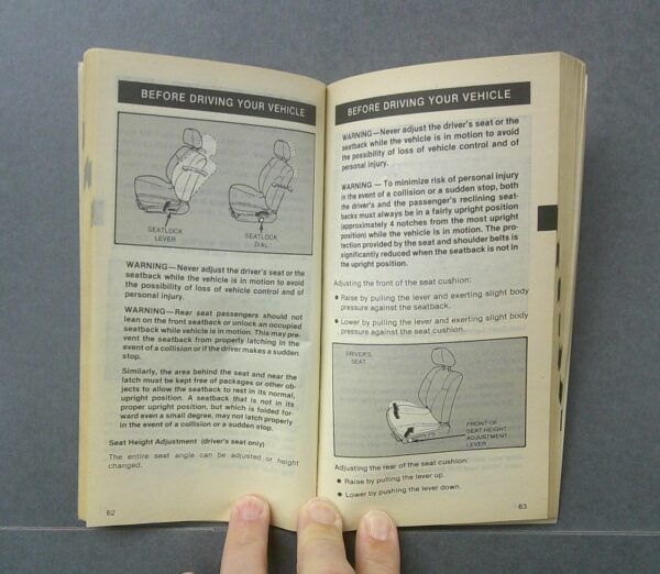 tracer2 Custom | Merrick Auto Museum Open car safety manual showing two pages with diagrams of front seats and seat adjustments under 'Before Driving Your Vehicle'.