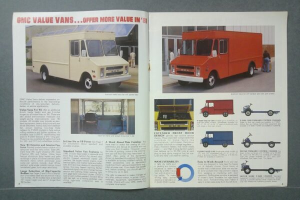 value2 Custom | Merrick Auto Museum Two-page GMC brochure spread showing cream and red delivery vans with interior, hood, and chassis diagrams.